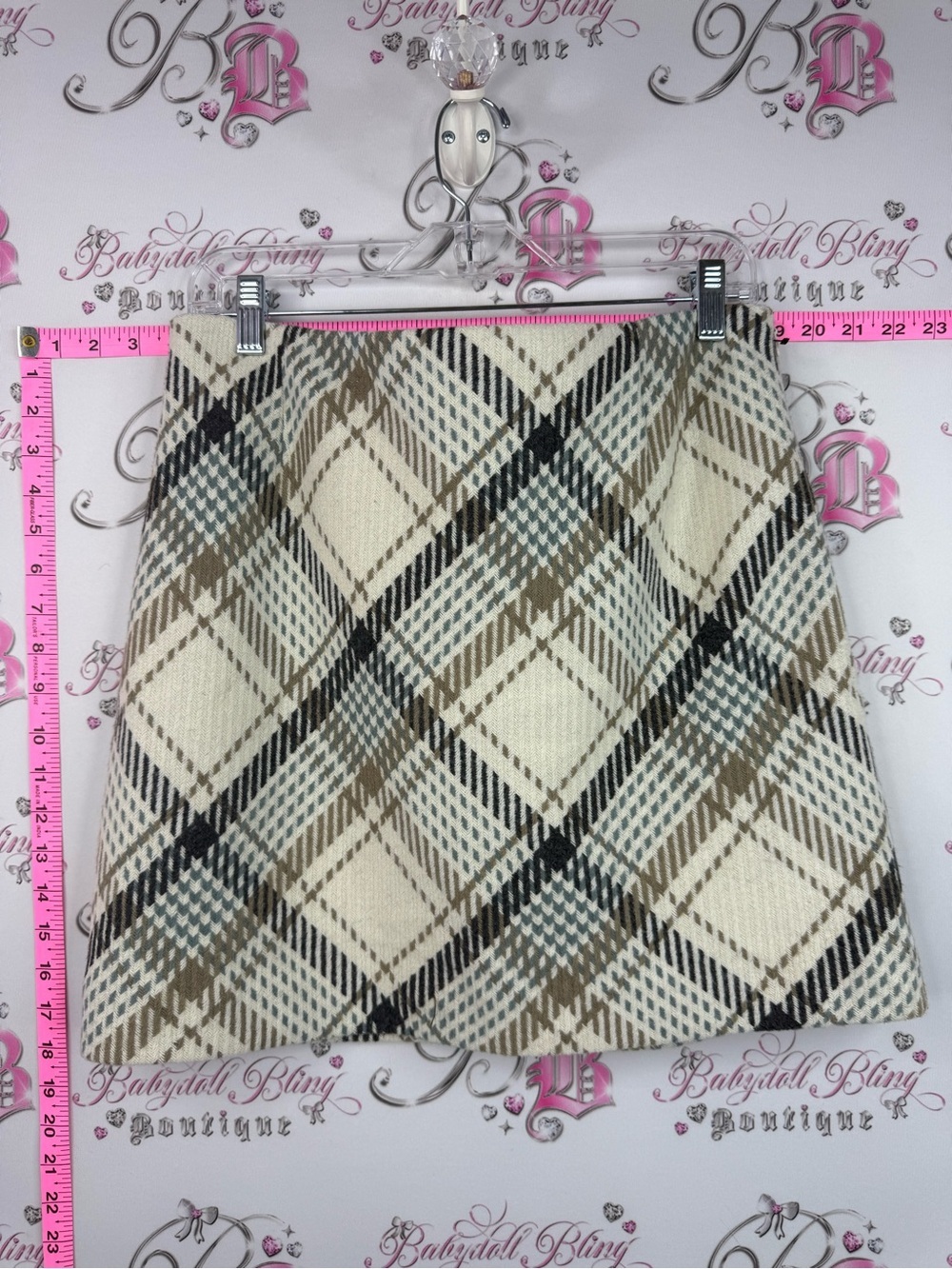 H&M skirt wool plaid Cream Plaid Mini Skirt with Taupe and Black Accents